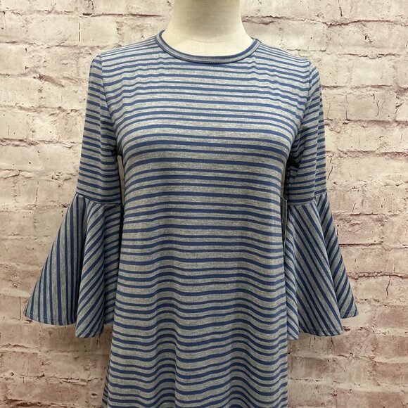 LuLaRoe Maurine Ruffle Midi Shift Dress Gray Blue Striped Stretch Knit Size XS - Picture 2 of 4